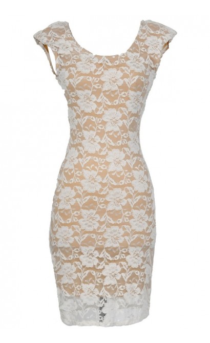 Fitted Contrast Lace Padded Shoulder Dress In Ivory/Nude